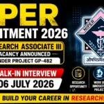 NIPER Recruitment 2026 thumbnail featuring Research Associate III vacancy under Project GP-482 with walk-in interview date 06 July 2026, NIPER logo, research laboratory background, and job opportunity announcement.