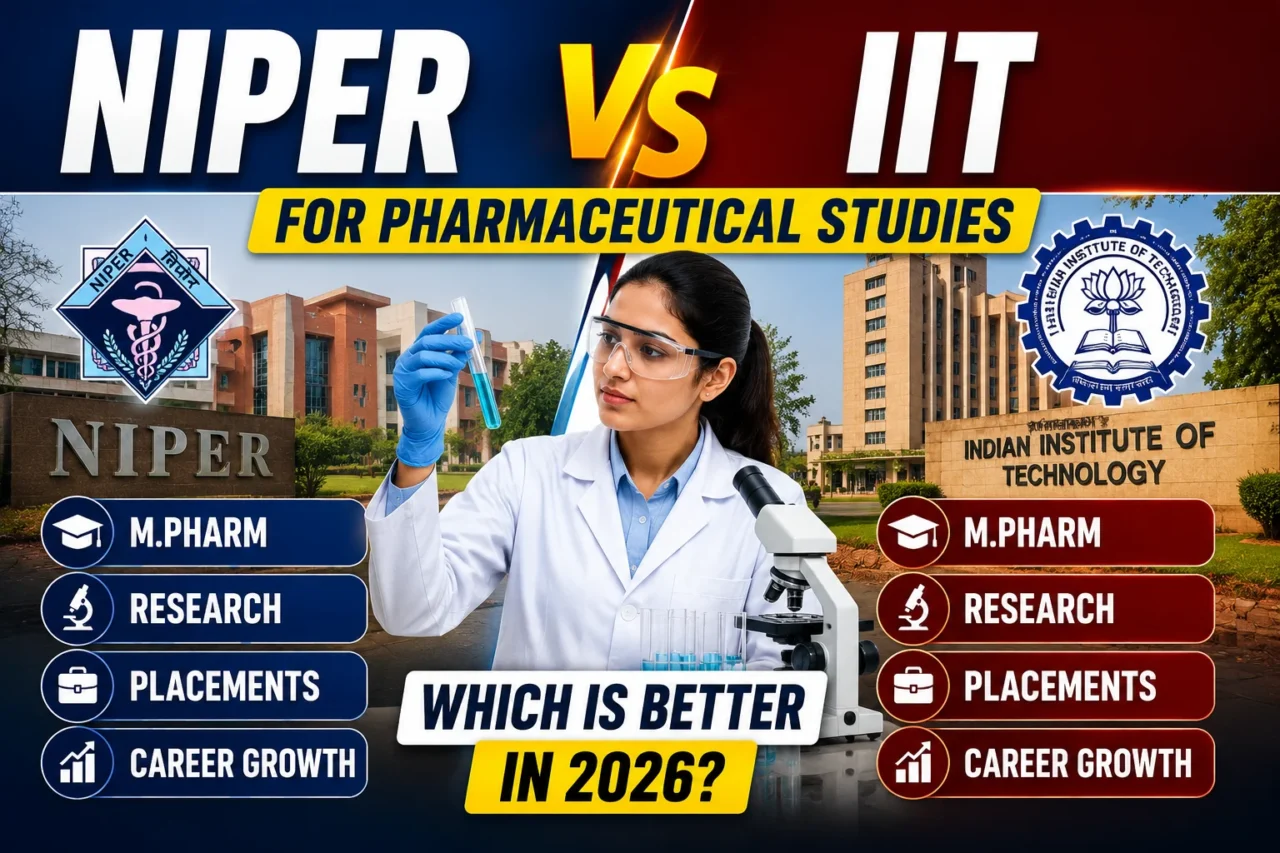 Comparison thumbnail featuring NIPER and IIT campuses, a pharmaceutical researcher, and bold text comparing M.Pharm, research opportunities, placements, and career growth in 2026.