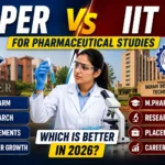 Comparison thumbnail featuring NIPER and IIT campuses, a pharmaceutical researcher, and bold text comparing M.Pharm, research opportunities, placements, and career growth in 2026.