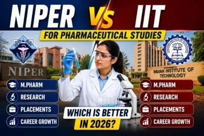 Comparison thumbnail featuring NIPER and IIT campuses, a pharmaceutical researcher, and bold text comparing M.Pharm, research opportunities, placements, and career growth in 2026.