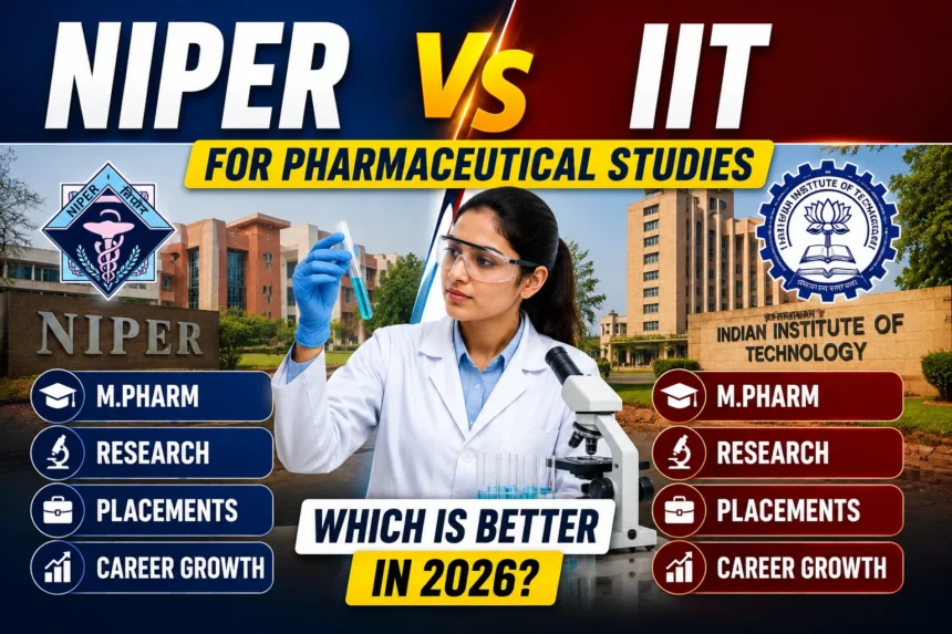 Comparison thumbnail featuring NIPER and IIT campuses, a pharmaceutical researcher, and bold text comparing M.Pharm, research opportunities, placements, and career growth in 2026.