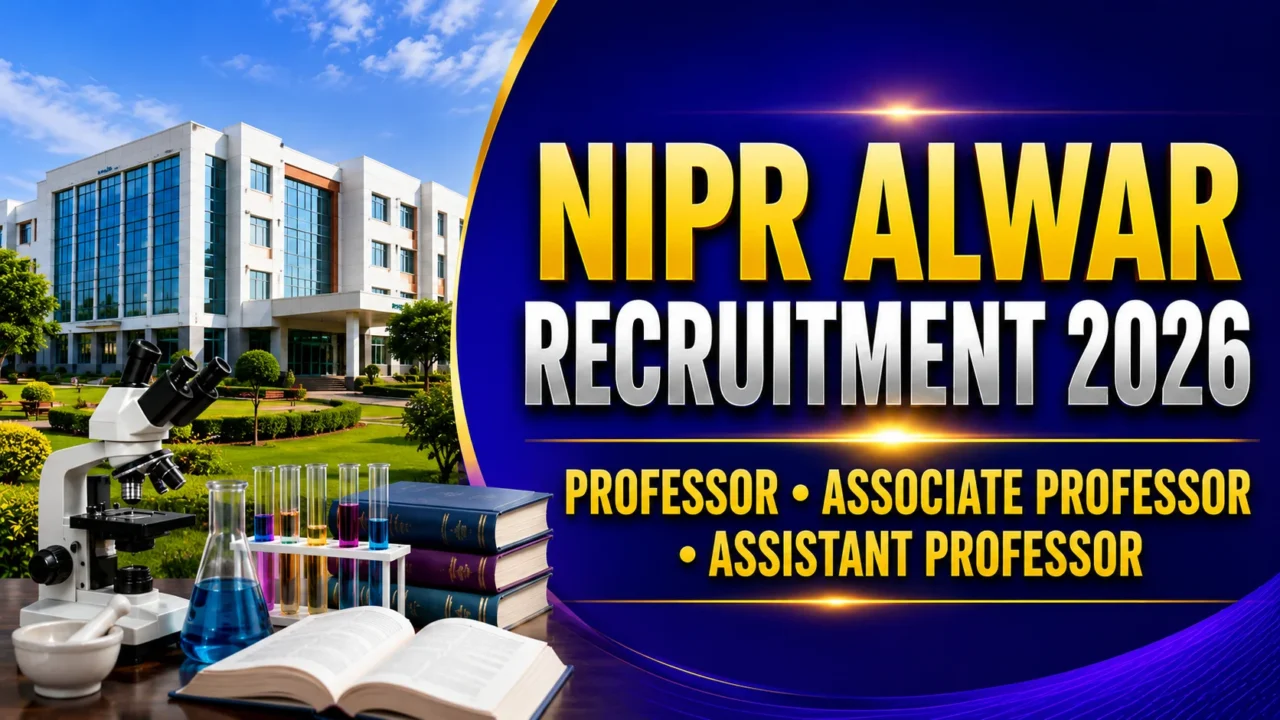 Thumbnail for NIPR Alwar Recruitment 2026 featuring a modern pharmacy college campus, laboratory equipment, books, microscope, and recruitment announcement for Professor, Associate Professor, and Assistant Professor positions.