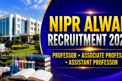 Thumbnail for NIPR Alwar Recruitment 2026 featuring a modern pharmacy college campus, laboratory equipment, books, microscope, and recruitment announcement for Professor, Associate Professor, and Assistant Professor positions.