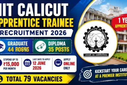 NIT Calicut Apprentice Trainee Recruitment 2026 thumbnail featuring the NIT Calicut campus, institute logo, 79 vacancies, 44 graduate posts, 35 diploma posts, stipend up to ₹15,000 per month, and application deadline of 12 June 2026.