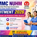 NMMC NUHM Recruitment 2026 thumbnail featuring Staff Nurse, Pharmacist, Lab Technician, and other healthcare vacancies with a colorful gradient background, medical professionals, and Apply Offline highlight.