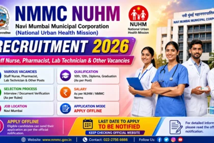 NMMC NUHM Recruitment 2026 thumbnail featuring Staff Nurse, Pharmacist, Lab Technician, and other healthcare vacancies with a colorful gradient background, medical professionals, and Apply Offline highlight.