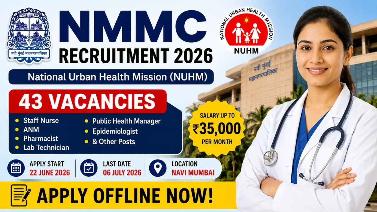 NMMC Recruitment 2026 thumbnail featuring a healthcare professional in front of the Navi Mumbai Municipal Corporation building with text highlighting 43 vacancies under the National Urban Health Mission (NUHM), salary up to ₹35,000 per month, and offline application deadline of 6 July 2026.