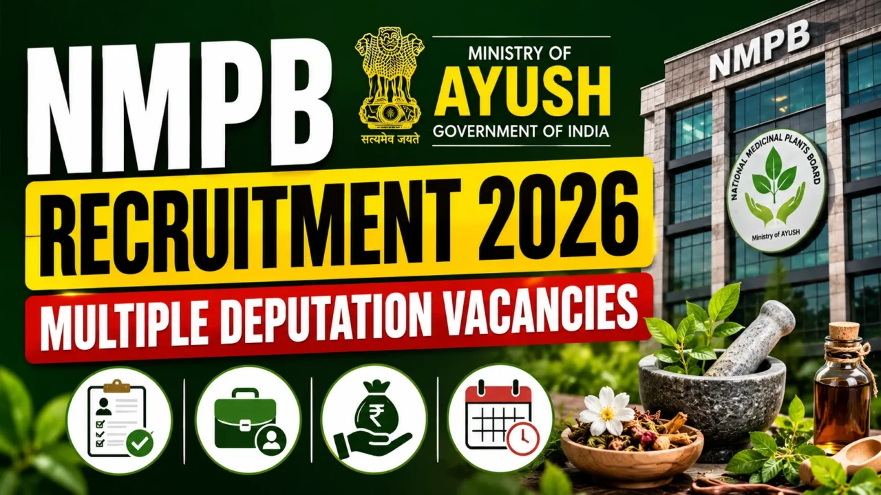 NMPB Recruitment 2026 thumbnail featuring Ministry of AYUSH, National Medicinal Plants Board building, deputation vacancies announcement, application, salary and important date icons with herbal medicine elements.
