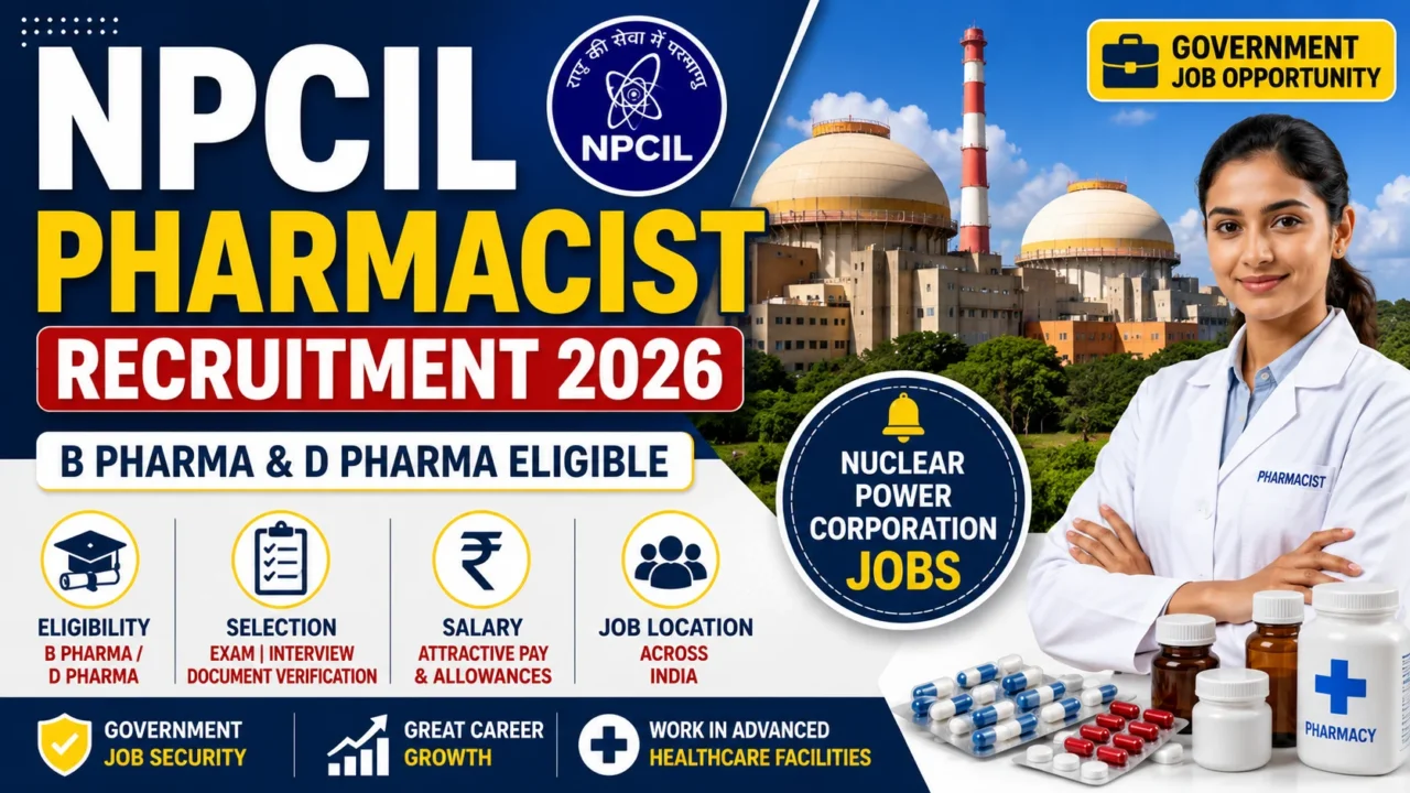 NPCIL Pharmacist Recruitment 2026 thumbnail featuring Nuclear Power Corporation of India Limited pharmacist vacancy, B.Pharm and D.Pharm eligibility, government job opportunity, salary, and recruitment details.