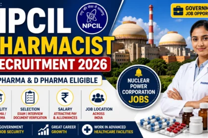 NPCIL Pharmacist Recruitment 2026 thumbnail featuring Nuclear Power Corporation of India Limited pharmacist vacancy, B.Pharm and D.Pharm eligibility, government job opportunity, salary, and recruitment details.