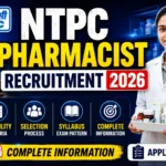 NTPC Pharmacist Recruitment 2026 thumbnail featuring an NTPC power plant, pharmacist, and highlights for eligibility, selection process, syllabus, and complete information.