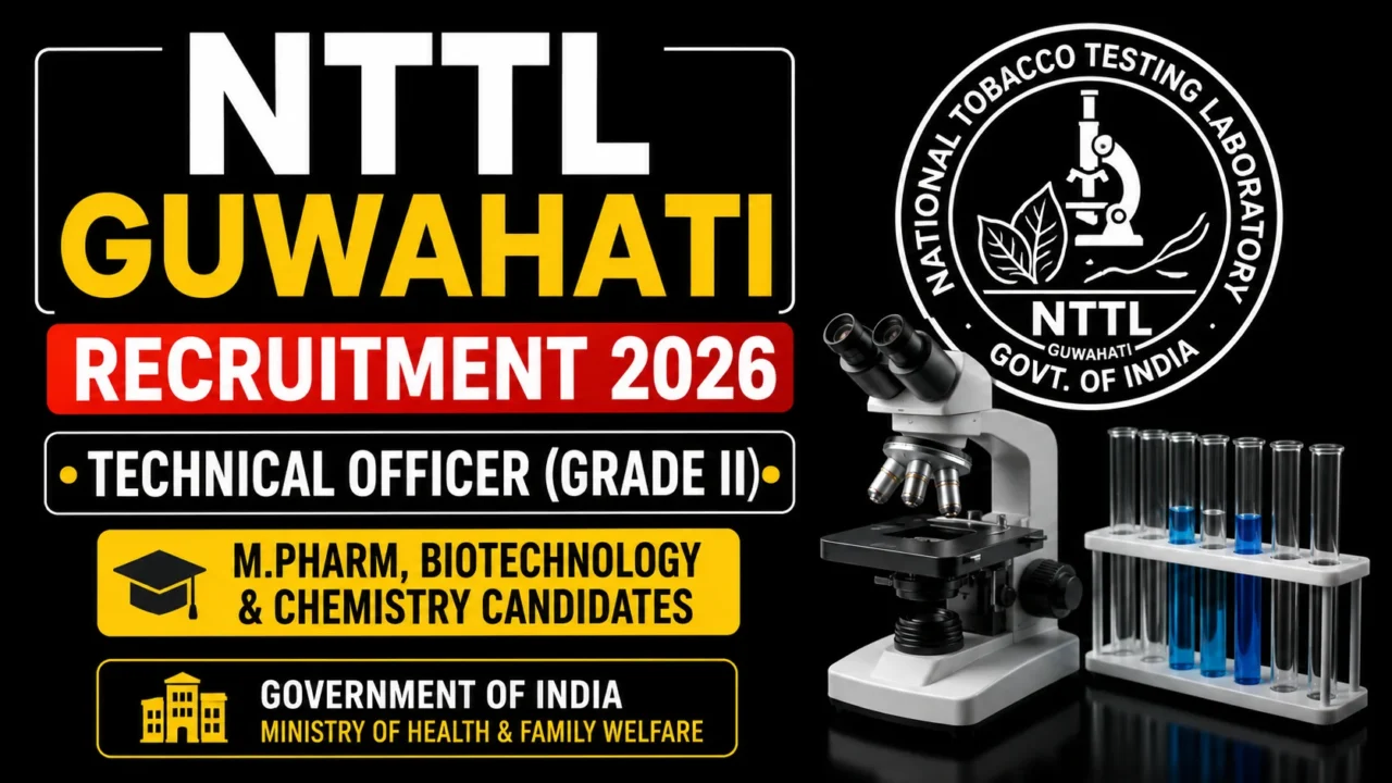 YouTube thumbnail for NTTL Guwahati Recruitment 2026 featuring a black background, microscope, laboratory test tubes, NTTL logo, and bold text highlighting Technical Officer (Grade II) vacancies for M.Pharm, Biotechnology, and Chemistry candidates.