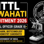 YouTube thumbnail for NTTL Guwahati Recruitment 2026 featuring a black background, microscope, laboratory test tubes, NTTL logo, and bold text highlighting Technical Officer (Grade II) vacancies for M.Pharm, Biotechnology, and Chemistry candidates.