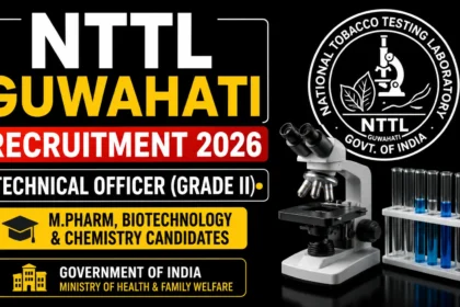 YouTube thumbnail for NTTL Guwahati Recruitment 2026 featuring a black background, microscope, laboratory test tubes, NTTL logo, and bold text highlighting Technical Officer (Grade II) vacancies for M.Pharm, Biotechnology, and Chemistry candidates.
