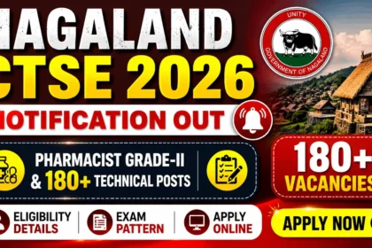 Nagaland CTSE 2026 Notification Out thumbnail featuring Pharmacist Grade-II recruitment, 180+ technical vacancies, eligibility, exam pattern, and apply online information with an attractive government job design.