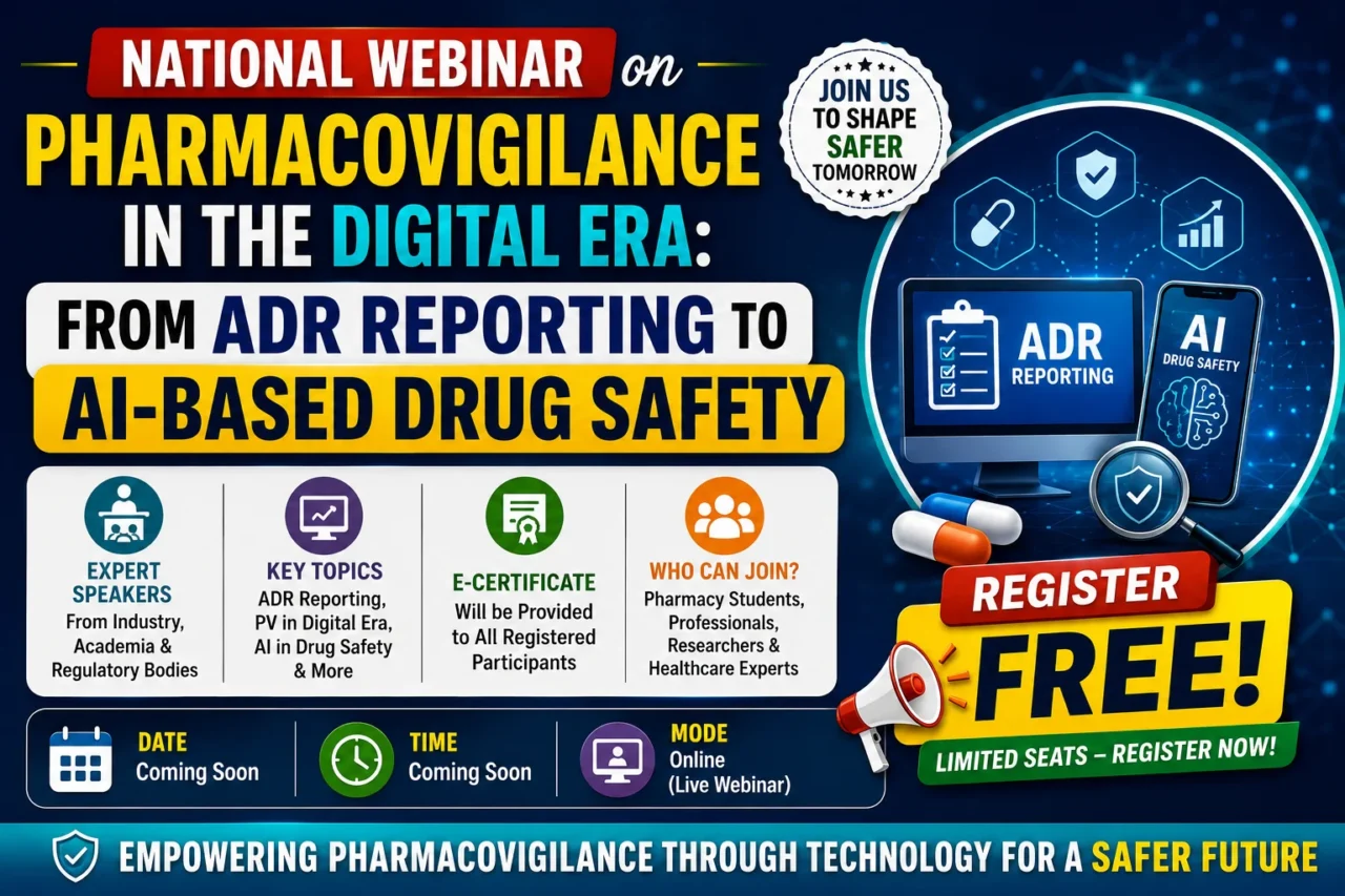 Promotional thumbnail for a National Webinar on Pharmacovigilance in the Digital Era, highlighting ADR reporting, AI-based drug safety, free registration, expert speakers, e-certificate, and online participation.