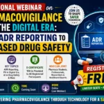 Promotional thumbnail for a National Webinar on Pharmacovigilance in the Digital Era, highlighting ADR reporting, AI-based drug safety, free registration, expert speakers, e-certificate, and online participation.