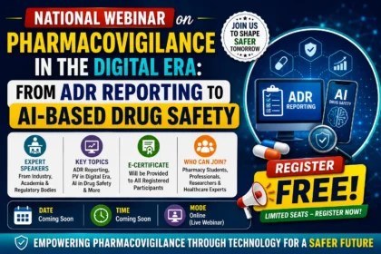 Promotional thumbnail for a National Webinar on Pharmacovigilance in the Digital Era, highlighting ADR reporting, AI-based drug safety, free registration, expert speakers, e-certificate, and online participation.