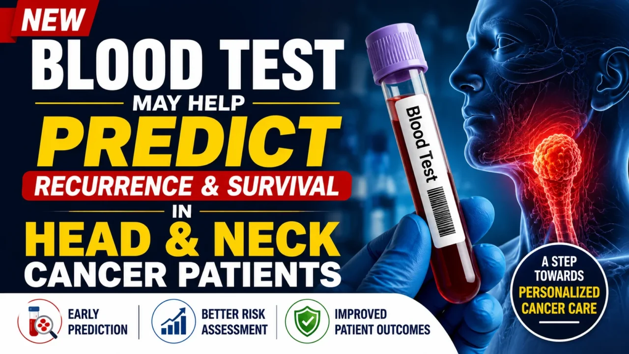 Medical news thumbnail showing a blood test tube and head and neck cancer illustration, highlighting research on a new blood test that may predict cancer recurrence and patient survival outcomes.
