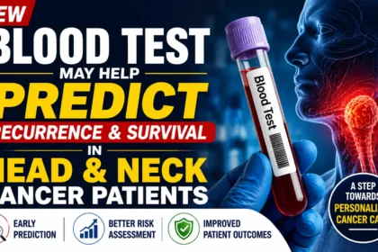 Medical news thumbnail showing a blood test tube and head and neck cancer illustration, highlighting research on a new blood test that may predict cancer recurrence and patient survival outcomes.