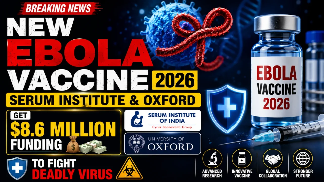 Breaking news thumbnail featuring a new Ebola vaccine for 2026, highlighting Serum Institute of India and Oxford University collaboration, $8.6 million funding, Ebola virus graphics, vaccine vial, and global health research imagery.