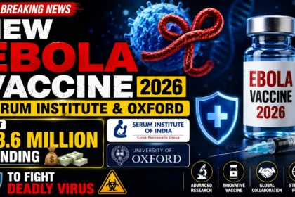 Breaking news thumbnail featuring a new Ebola vaccine for 2026, highlighting Serum Institute of India and Oxford University collaboration, $8.6 million funding, Ebola virus graphics, vaccine vial, and global health research imagery.