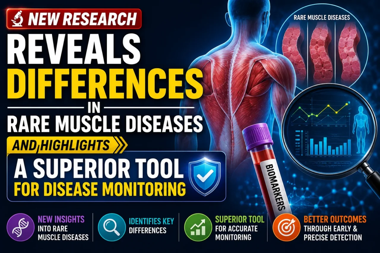 Medical research thumbnail showing human muscle anatomy, biomarker blood sample, disease monitoring charts, and a headline about new research on rare muscle diseases and improved disease monitoring tools.