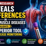 Medical research thumbnail showing human muscle anatomy, biomarker blood sample, disease monitoring charts, and a headline about new research on rare muscle diseases and improved disease monitoring tools.