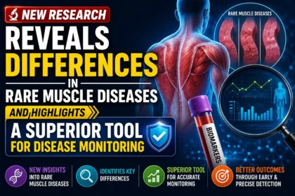 Medical research thumbnail showing human muscle anatomy, biomarker blood sample, disease monitoring charts, and a headline about new research on rare muscle diseases and improved disease monitoring tools.