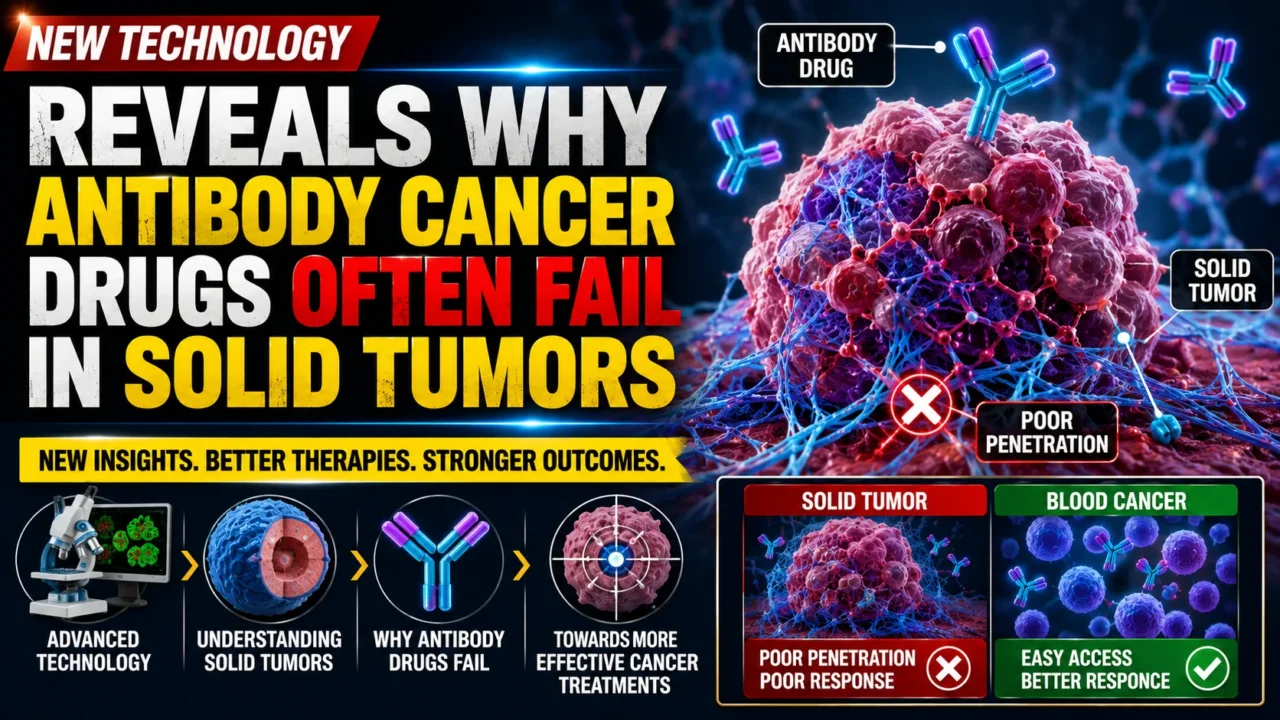 Thumbnail illustrating new cancer research showing why antibody-based cancer drugs often fail in solid tumors, featuring cancer cells, antibodies, tumor tissue, and advanced medical research visuals.