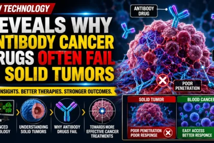 Thumbnail illustrating new cancer research showing why antibody-based cancer drugs often fail in solid tumors, featuring cancer cells, antibodies, tumor tissue, and advanced medical research visuals.