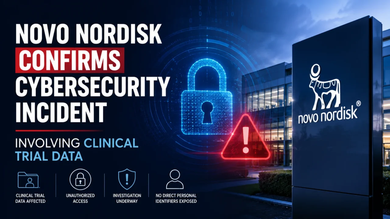 Novo Nordisk cybersecurity incident thumbnail featuring a digital padlock, warning symbol, and company branding, highlighting unauthorized access to clinical trial data and an ongoing investigation.