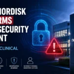 Novo Nordisk cybersecurity incident thumbnail featuring a digital padlock, warning symbol, and company branding, highlighting unauthorized access to clinical trial data and an ongoing investigation.