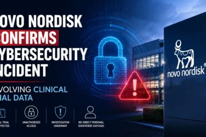 Novo Nordisk cybersecurity incident thumbnail featuring a digital padlock, warning symbol, and company branding, highlighting unauthorized access to clinical trial data and an ongoing investigation.