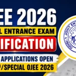 OJEE 2026 Special Entrance Exam notification thumbnail featuring bold text, online application announcement, and OJEE logo on a blue and yellow background.