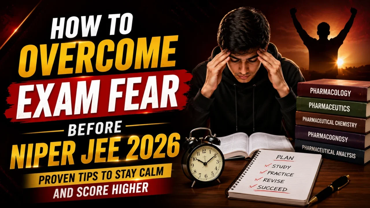 Thumbnail for NIPER JEE 2026 exam preparation featuring a student overcoming exam fear, study books, alarm clock, study planner, and motivational success imagery with a dark red and black gradient background.