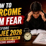Thumbnail for NIPER JEE 2026 exam preparation featuring a student overcoming exam fear, study books, alarm clock, study planner, and motivational success imagery with a dark red and black gradient background.