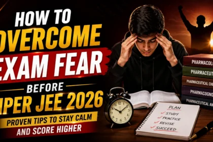 Thumbnail for NIPER JEE 2026 exam preparation featuring a student overcoming exam fear, study books, alarm clock, study planner, and motivational success imagery with a dark red and black gradient background.