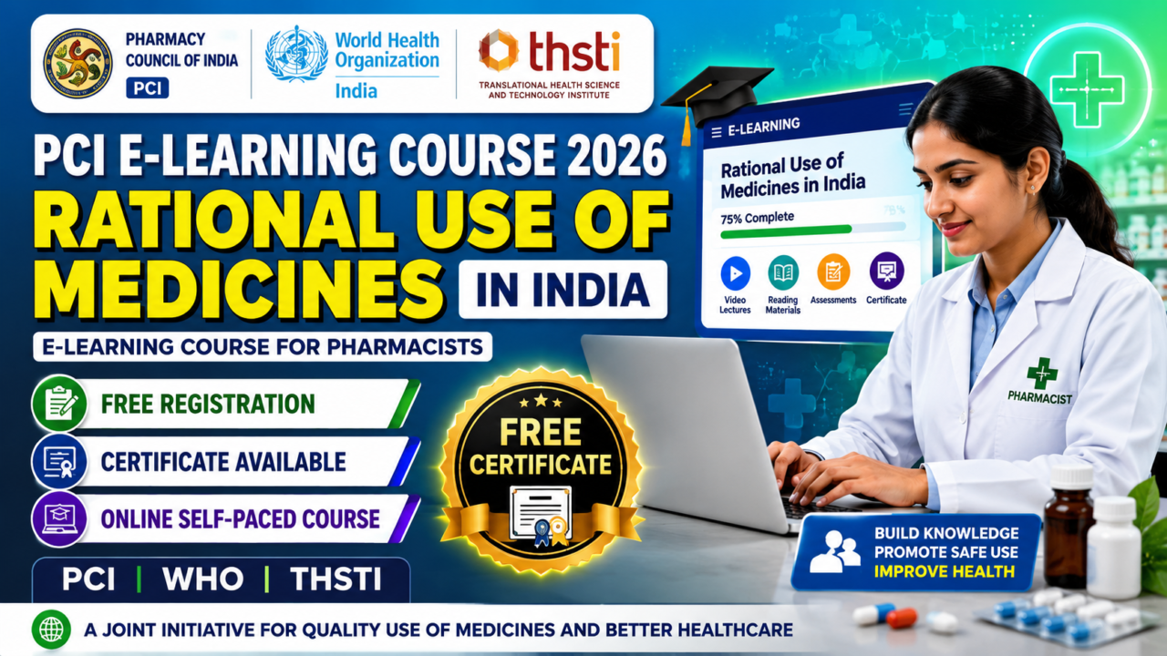 PCI E-Learning Course on Rational Use of Medicines in India 2026 promotional thumbnail featuring a pharmacist using a laptop, PCI, WHO India and THSTI logos, free registration, certificate availability, and online self-paced learning course details.