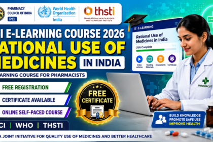 PCI E-Learning Course on Rational Use of Medicines in India 2026 promotional thumbnail featuring a pharmacist using a laptop, PCI, WHO India and THSTI logos, free registration, certificate availability, and online self-paced learning course details.