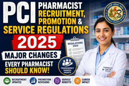 PCI Pharmacist Recruitment, Promotion & Service Regulations 2025 thumbnail featuring a pharmacist, PCI logo, regulations checklist, and highlights of major changes for pharmacists.