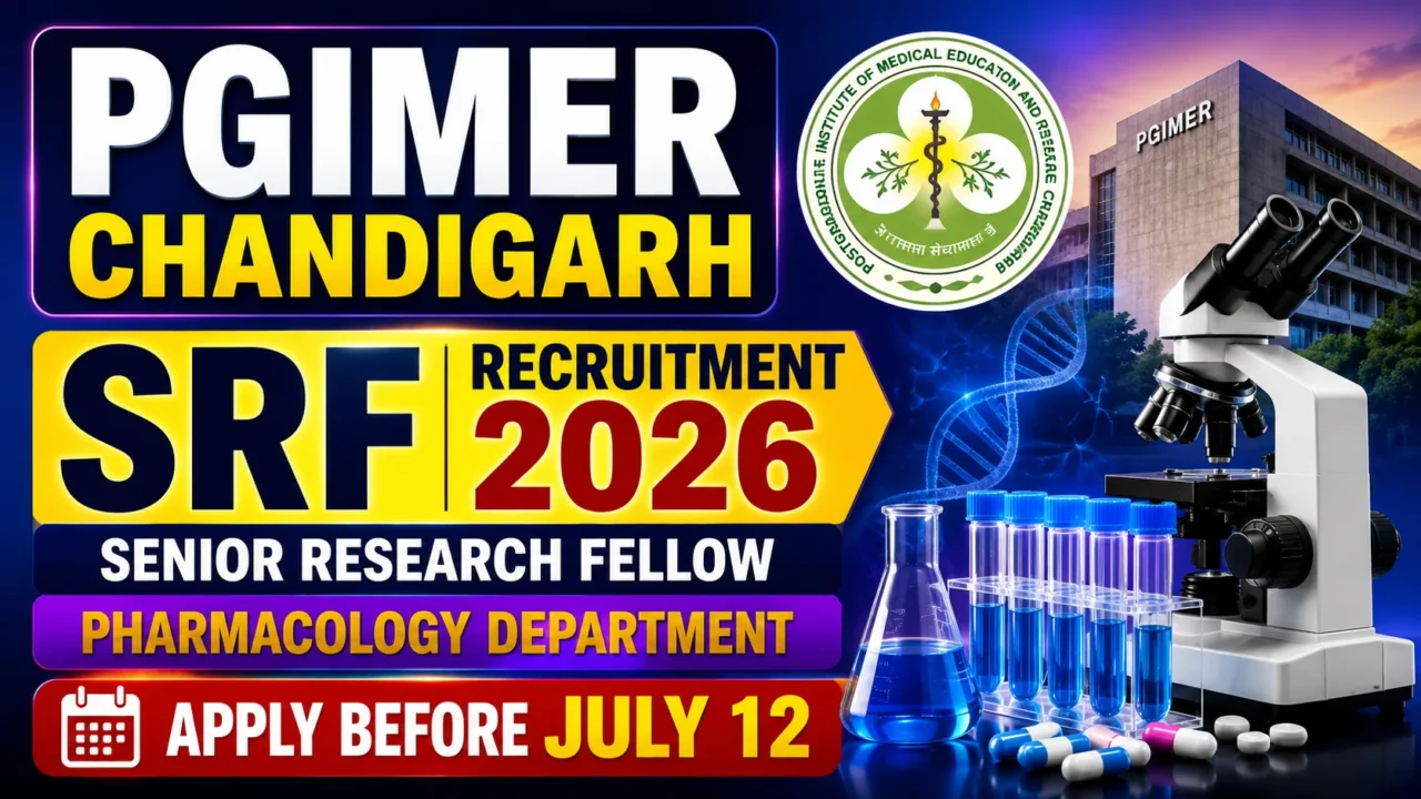 YouTube thumbnail for PGIMER Chandigarh SRF Recruitment 2026 featuring a microscope, laboratory glassware, DNA structure, PGIMER building, and institute logo on a vibrant blue-purple gradient background. The design highlights Senior Research Fellow recruitment in the Pharmacology Department with application deadline July 12.