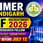 YouTube thumbnail for PGIMER Chandigarh SRF Recruitment 2026 featuring a microscope, laboratory glassware, DNA structure, PGIMER building, and institute logo on a vibrant blue-purple gradient background. The design highlights Senior Research Fellow recruitment in the Pharmacology Department with application deadline July 12.