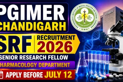 YouTube thumbnail for PGIMER Chandigarh SRF Recruitment 2026 featuring a microscope, laboratory glassware, DNA structure, PGIMER building, and institute logo on a vibrant blue-purple gradient background. The design highlights Senior Research Fellow recruitment in the Pharmacology Department with application deadline July 12.