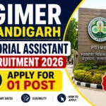 PGIMER Chandigarh Editorial Assistant Recruitment 2026 thumbnail featuring PGIMER campus entrance, bold recruitment announcement, and application details for 01 post with attractive blue, yellow, red, and white design.