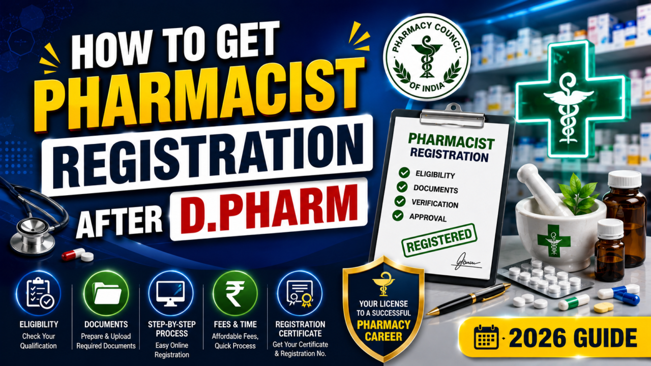 Professional YouTube thumbnail about Pharmacist Registration After D.Pharm in India 2026, featuring pharmacy-related elements such as medicines, registration certificate, Pharmacy Council symbol, medical icons, and a modern blue background.