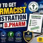 Professional YouTube thumbnail about Pharmacist Registration After D.Pharm in India 2026, featuring pharmacy-related elements such as medicines, registration certificate, Pharmacy Council symbol, medical icons, and a modern blue background.