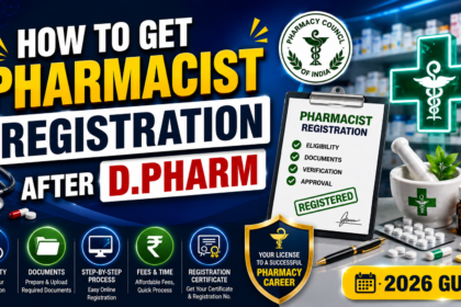 Professional YouTube thumbnail about Pharmacist Registration After D.Pharm in India 2026, featuring pharmacy-related elements such as medicines, registration certificate, Pharmacy Council symbol, medical icons, and a modern blue background.