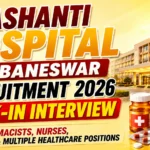 Prashanti Hospital Bhubaneswar Recruitment 2026 thumbnail featuring a modern hospital building, healthcare symbols, medicine bottle, capsules, and stethoscope on a light golden-yellow gradient background promoting walk-in interviews for healthcare professionals.