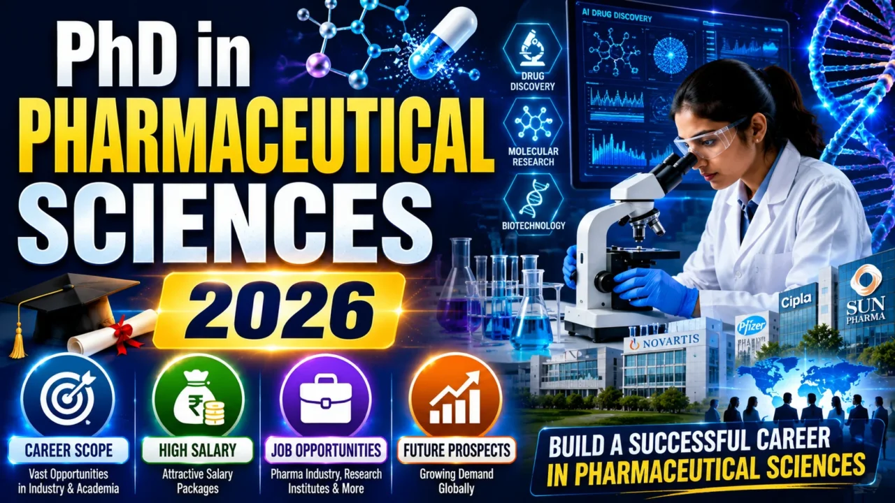 PhD in Pharmaceutical Sciences 2026 thumbnail featuring a pharmaceutical researcher working with a microscope, AI drug discovery visuals, DNA structure, molecular research graphics, pharma company buildings, and career opportunities in pharmaceutical sciences.